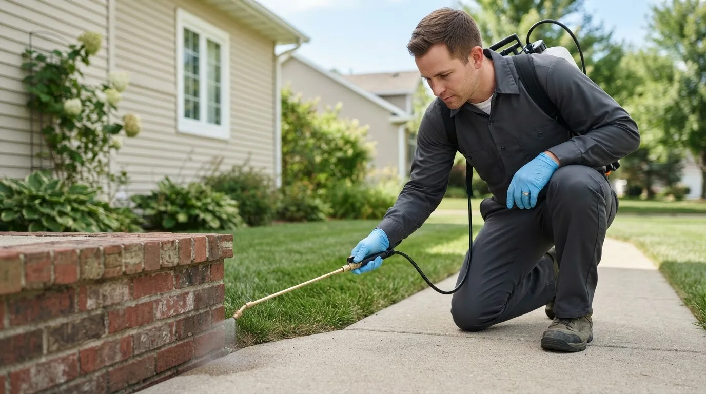 Pest control technician treating a home near Glencoe, OK