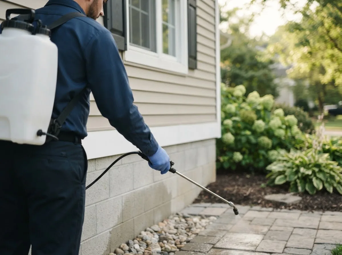 Pest control technician inspecting a home in Glencoe, OK